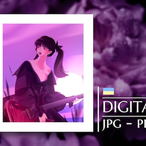 May include: A digital illustration of a woman with long black hair playing a red electric guitar. She is wearing a black dress with lace detailing and a silver necklace. The background is a purple and pink gradient with a sunset.