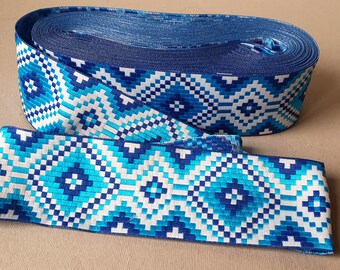 Jacquard ribbon trim Blue white embroidery trim Ukrainian design Geometric Folkloric style  Width 2"(5 cm)