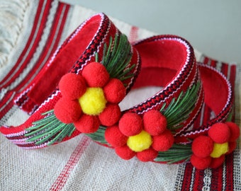 Red ukrainian headband Folk red yellow green head crown for woman girl with flower Floral hair accessory Ethnic boho textile wreath