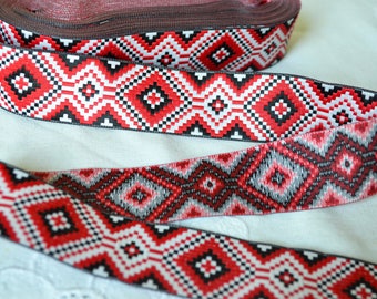 Jacquard ribbon trim, Red, white, black embroidery trim, Ukrainian design, Ethnic ornament, Boho geometric trim, Width 1.3"(3.3 cm)