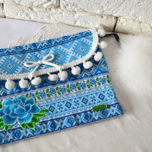 Cosmetic bag Ethnic makeup case Toiletry small bag women Ukrainian ribbon trim beauty bag White light blue folkloric ornament bag Gift