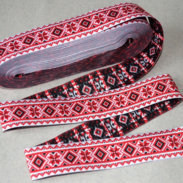 Jacquard ribbon trim Black red embroidery trim by the yard Ukrainian ornament design Folkloric style, Ethnic Trim, Width 1.25"(3.2cm)