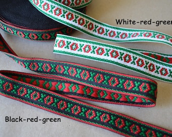 Black white green red jacquard ribbon trim Embroidery trim by the yard Ukrainian ornament Ethnic thin trim 25 metres Width 0.9" 2.3cm