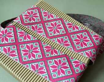 Jacquard ribbon trim Pink rose white embroidery trim Ukrainian design Folkloric style Ethnic Boho Width 2"(5 cm)