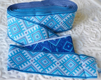 Blue ethnic Trim, Jacquard ribbon trim, Woven border, Embroidery trim by the yard, Ukrainian, Folkloric, Geometric trim, Boho, Width 2"(5cm)