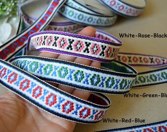 White green red rose jacquard ribbon trim Embroidery trim by the yard Ukrainian ornament Ethnic thin trim 25 metres Width 0.9" 2.3cm