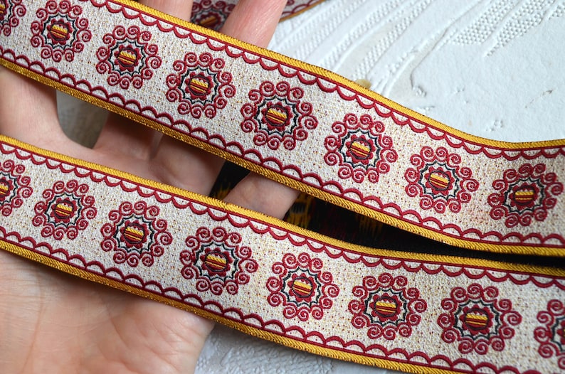 Ukrainian Ethnic Ribbon Red White Gold Flowers Trim Floral Etsy