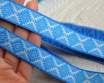 Jacquard ribbon trim Light blue white embroidery trim Ukrainian ornament Folkloric style Ethnic Boho Width 0.8"(2 cm) Trim by the yard