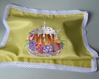 Pâques Serviette brodée Serviette en coton ukrainien avec œufs Jaune violet rouge ryshnyk avec dentelle blanche Couverture de panier de Pâques Décor de Pâques