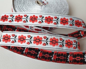Black red white jacquard ribbon trim Embroidery trim by the yard Ukrainian ornament Flower Ethnic thin trim 25 metres Width 0.9" 2.3cm