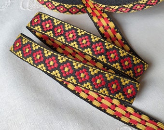 Black yellow red jacquard ribbon trim Embroidery trim by the yard Ukrainian ornament Folkloric Ethnic thin trim 25 metres Width 0.67" 1.7cm