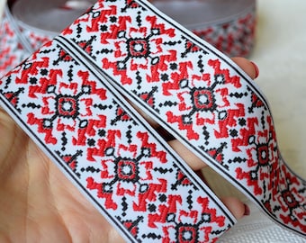 Red white black trim Floral woven border Jacquard ribbon trim Embroidery trim 25 yards roll Ukrainian Folkloric Ethnic Trim 4 cm 1.57"