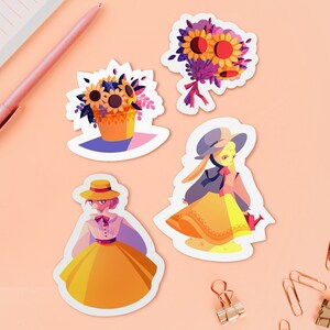 4枚のビンテージ印刷可能なステッカー ドレスを着たウサギ 花 イースターステッカー ひまわりのバスケット デジタルファイル PDF PNG ウクライナ オレンジ ライラック