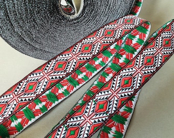 Jacquard ribbon trim Black red green embroidery trim by the yard Ukrainian ornament Folkloric style Ethnic Trim 25 metres Width 0.8" (2cm)