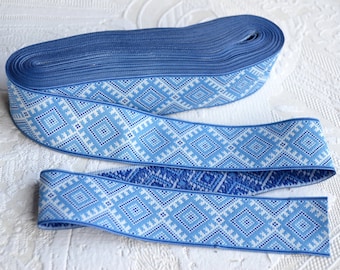 Jacquard ribbon trim, Blue, white embroidery trim, Woven border, Ukrainian design, Folkloric, Ethnic ornament, Geometric, Width 1.2" (3 cm)