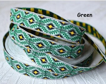 Jacquard ribbon trim Green blue black yellow embroidery trim by the yard Ukrainian ornament Folkloric style Ethnic Trim Width 0.8" 2cm