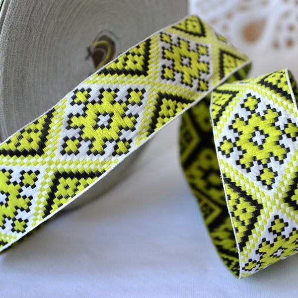 Lime green black white yellow trim Embroidered ribbon trim Geometric trim by the yard Ukrainian Ethnic jacquard trim Roll 25 metres 1.2" 3cm