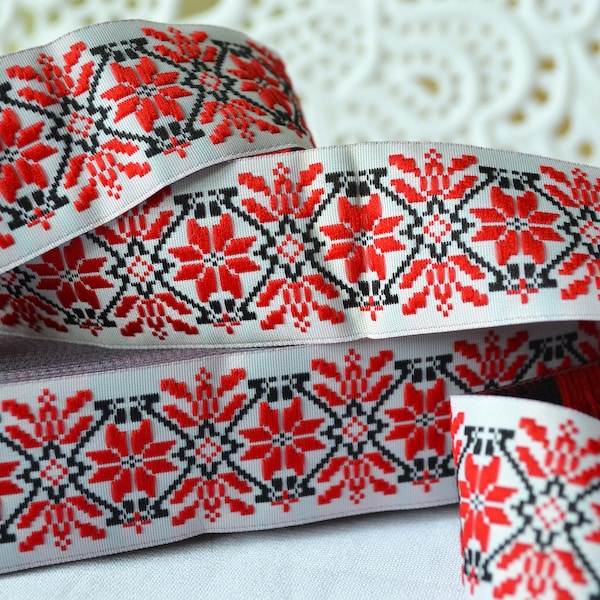 Jacquard ribbon trim Red white black embroidery trim Ukrainian design Ethnic flower ornament Boho geometric trim Width 1.6"(4 cm)