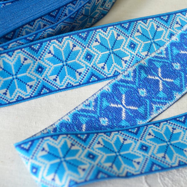 Garniture de ruban jacquard, Garniture de broderie bleue et blanche, Ornement folklorique ukrainien, Garniture ethnique ornement géométrique, Boho, Largeur : 1,3 po (3,3 cm)