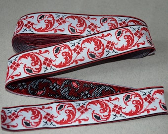 Jacquard ribbon trim Red white black embroidery trim Ukrainian design Ethnic ornament Boho geometric trim Width 1.25" (3.2 cm)