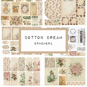 COTTON DREAM  ephemera,  digital JUNK journal printable, journal ephemera, junk journal paper, vintage paper, art journal