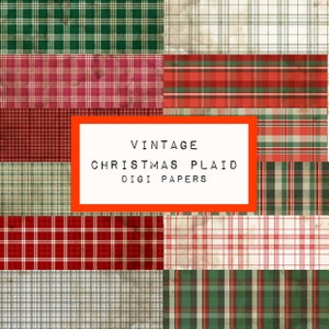 Puede incluir: Diez diseños de papel digital con patrones de cuadros navideños vintage en rojo, verde, blanco y beige.