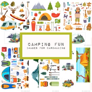 CAMPING FUN - imagens para confecção de cartões e artesanato em papel, download digital, imagens fofas, KC0463, cartões, tags, camping, barraca, natureza