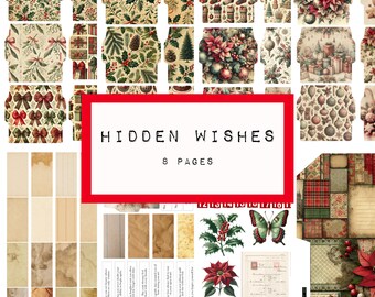 Hidden wishes , 8 pages,  digital junk journal printable, original ephemera, christmas paper,  KC0682, katecrafts