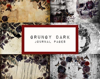 May include: Four digital paper backgrounds with a grunge aesthetic. Each background features a dark floral design with black roses, vines, and moths. The text "GRUNGY DARK JOURNAL PAGES" is displayed in the center of the image.