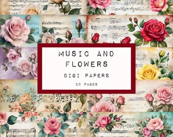 MUSIC and FLOWERS digi papers , 20 JPG  digital junk journal printable, journal ephemera, junk journal paper, katecrafts, KC0560