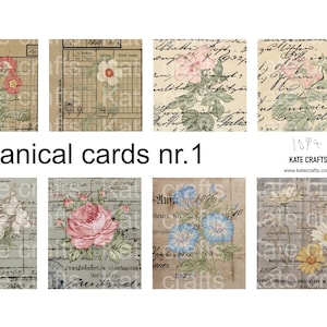 Reeks van 8 botanische uitstekende kaarten, uitstekende ephemera, digitaal afdrukbaar, troepdagboek, vierkant ephemera, uitstekend bloemen