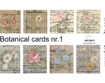 Set of 8 botanical vintage cards , vintage ephemera, digital printable, junk journal, square ephemera, vintage floral