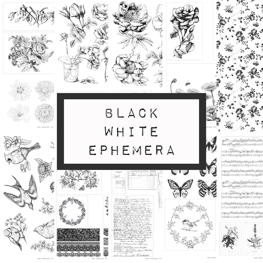 BLACK WHITE Ephemera, Digital JUNK Journal Printable, Journal Ephemera ...