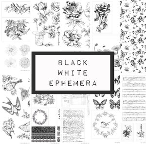 BLACK WHITE ephemera, digital JUNK journal printable, journal ephemera, junk journal paper, vintage paper, ink saver image 1