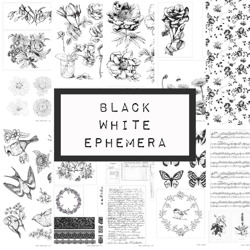 BLACK WHITE ephemera, digital JUNK journal printable, journal ephemera, junk journal paper, vintage paper, ink saver image 1