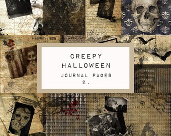 以下が含まれることがあります： 不気味なハロウィーンをテーマにしたヴィンテージ画像のコラージュ。画像には、頭蓋骨、人形、スーツを着た男性、コウモリが含まれています。コラージュの中央には、「Creepy Halloween Journal Pages 2.」というテキストがあります。