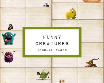 May include: A set of journal pages with a lined background and illustrations of funny creatures. The title of the journal is "Funny Creatures Journal Pages".