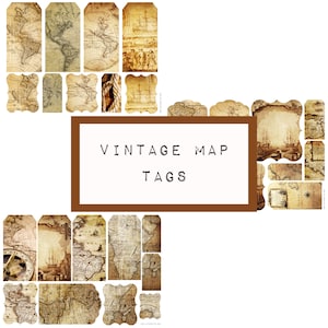 VINTAGE map TAGS,  digital JUNK journal printable, journal ephemera, junk journal paper, vintage paper, art journal, KC0379, katecrafts