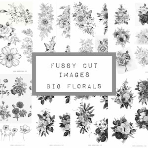 fussy cut images BIG FLORALS, digital JUNK journal printable, journal ephemera, junk journal paper, vintage paper, ink saver, black white