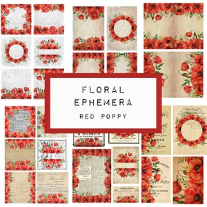 floral EPHEMERA - red POPPY, 6 pages,  digital JUNK journal printable, journal ephemera, junk journal paper,  art journal