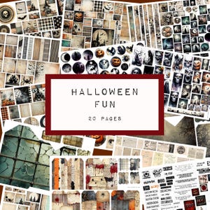 May include: A digital collage sheet with 20 pages of Halloween themed images. The images include pumpkins, ghosts, bats, spiders, and other spooky elements. The title of the collage sheet is "Halloween Fun".