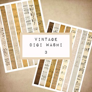 Könnte beinhalten: Vintage digitales Washi-Tape mit musikalischem Thema. Das Band ist auf beigefarbenem Hintergrund mit braunen und schwarzen Noten und Text gedruckt. Der Text enthält die Wörter "Vintage Digi Washi 3".