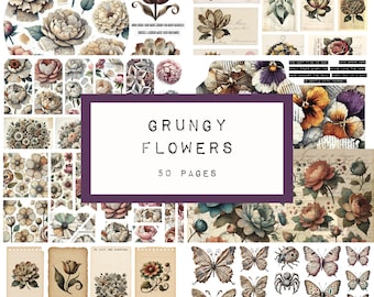GRUNGY FLOWERS kit,  50 pages  - digital JUNK journal printable, journal ephemera, junk journal paper, dark, grungy, katecrafts, KC0672
