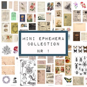 May include: A collection of vintage ephemera images, including flowers, insects, birds, and text. The images are arranged in a grid pattern and are labeled "Mini Ephemera Collection NR 1".