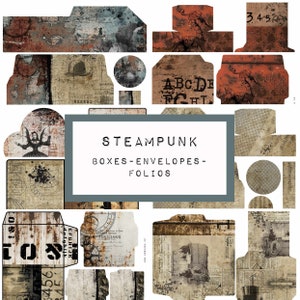 STEAMPUNK boxes, envelopes, folios - digital JUNK journal printable, journal ephemera, junk journal paper, industrial, grungy junk journal