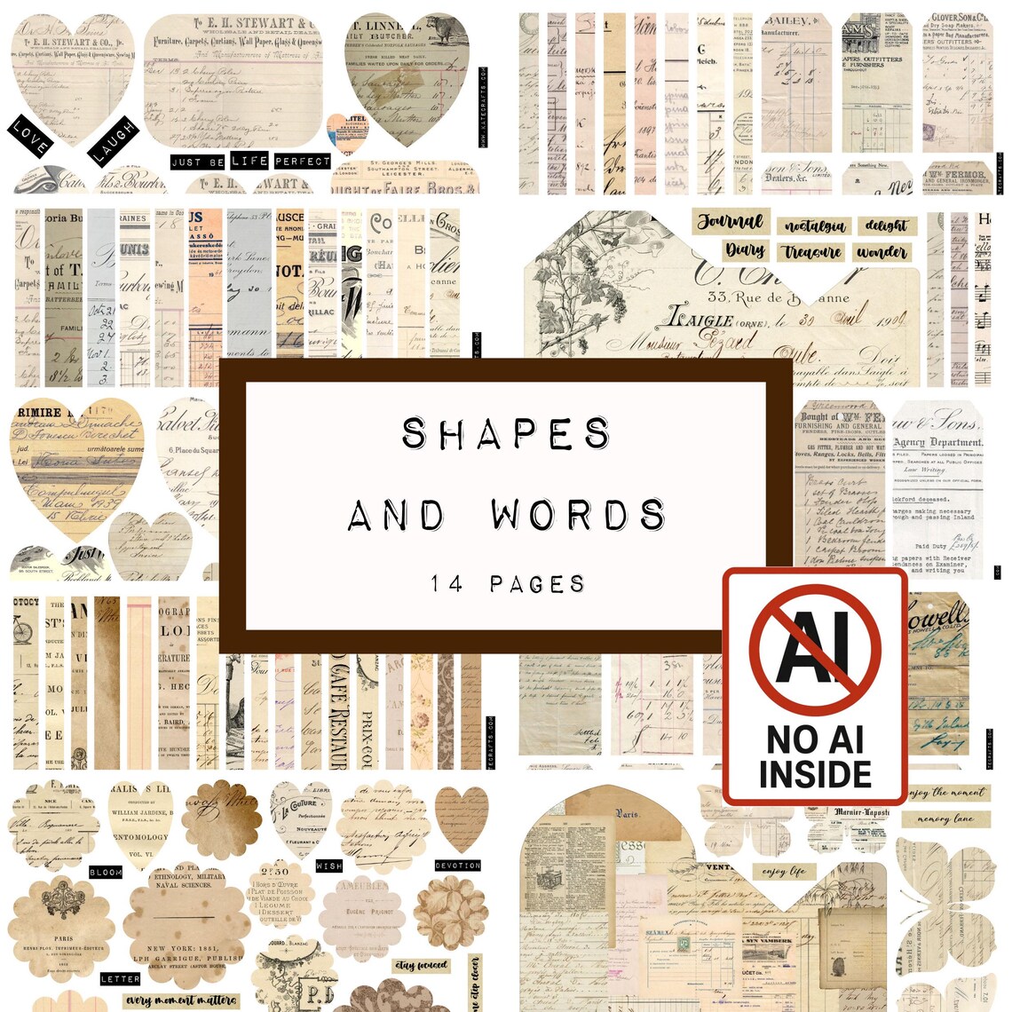 Shape Journal Junk Journal Printables – Vintage Shapes and Words, 14 Pages, No AI ...