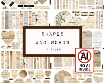Junk Journal Printables – Vintage Shapes and Words, 14 Pages, No AI, Ephemera for Collage, Scrapbooking & Art Journals, KCO695