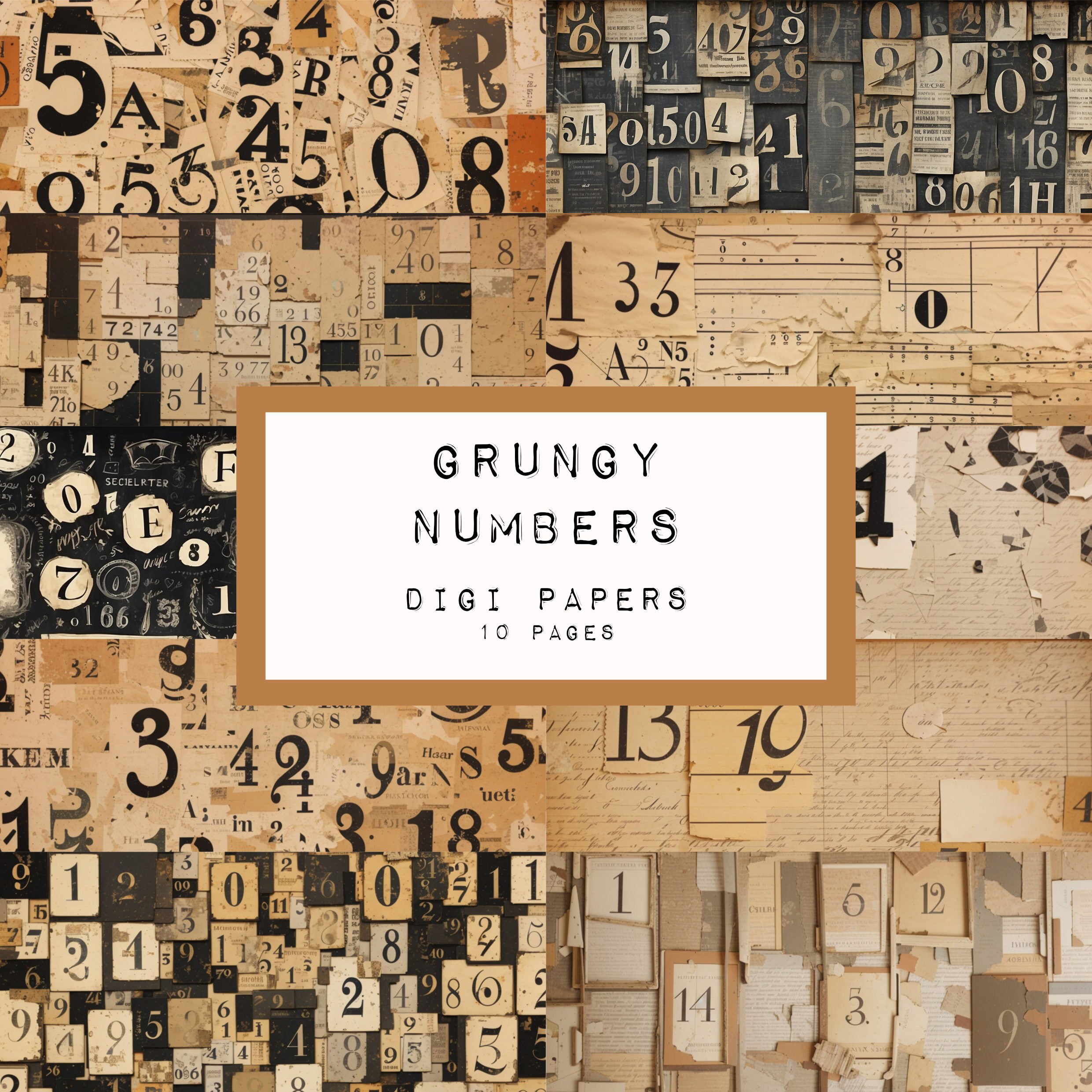 GRUNGY NUMBERS 10 journal pages  - digital JUNK journal printable, journal ephemera, junk journal paper, industrial, grungy journal, KC0575