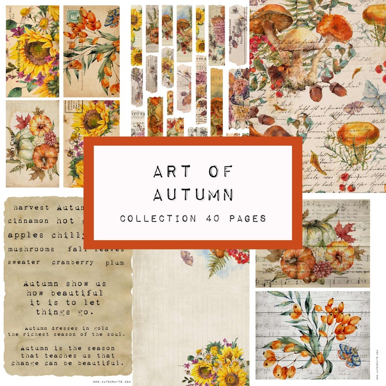 ART of AUTUMN collection 40 pages, digital JUNK journal printable, journal ephemera, junk journal,KC0309, katecrafts, autumn, acorn, cotton image 1