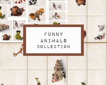 May include: A collection of funny animal illustrations featuring a giraffe, cow, squirrel, turtle, sheep, and pig. The illustrations are in a cartoon style and have a whimsical feel. The text "FUNNY ANIMALS COLLECTION" is displayed in a brown rectangle.